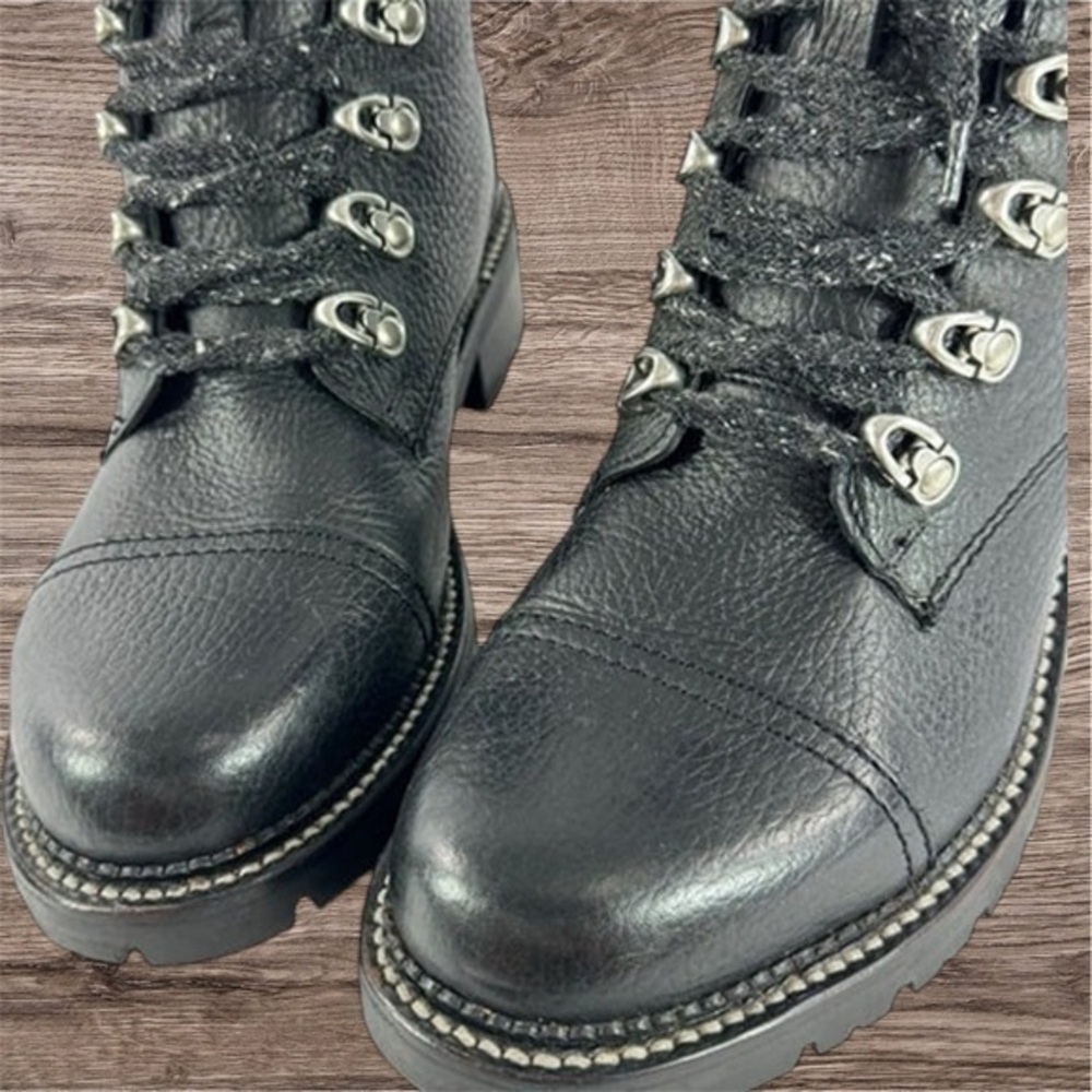 ✨NEW In BOX FRYE Samantha Hiker Black Leather Lace-up Lug Sole 8.5 boots - Picture 6 of 9